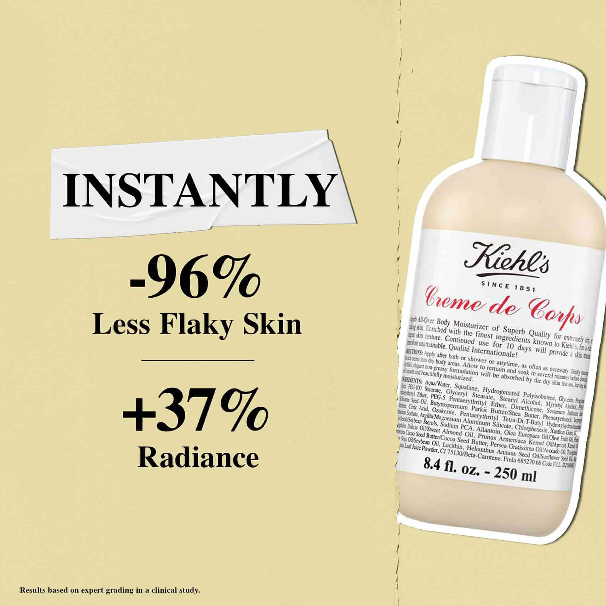 Losjon Kiehl's Creme de Corps takoj poskrbi za 96 % manj luskaste kože in 37 % večji sijaj