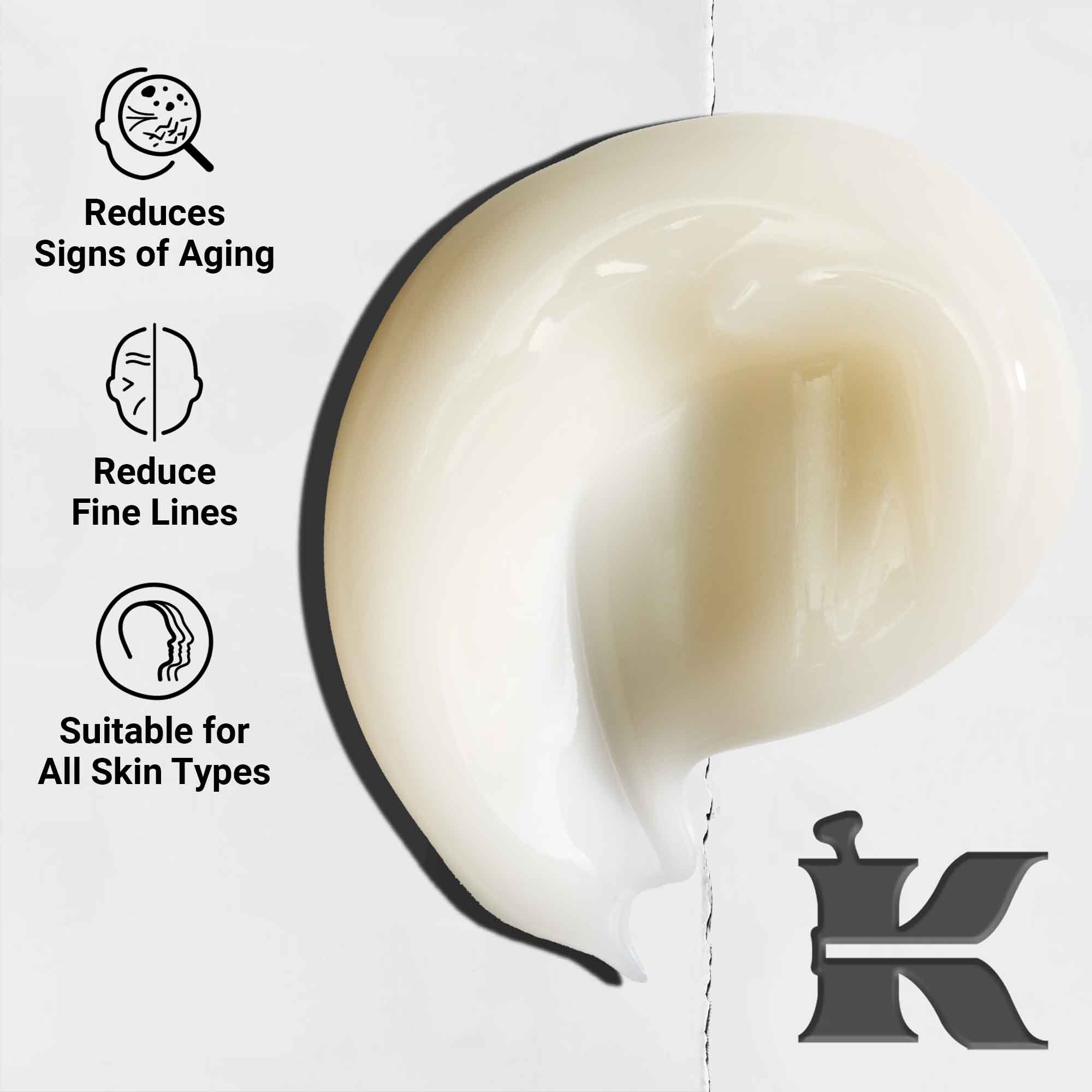 Bližinski posnetek teksture seruma Age Defender Power Serum; lahka formula, zmanjšuje znake staranja in drobne linije, primerna za vse tipe kože.