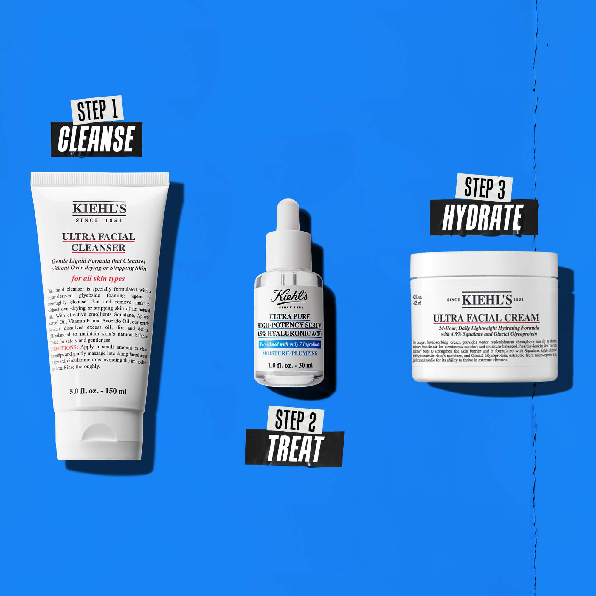 Tristopenjska rutina z izdelki Kiehl's. 1. korak: Ultra Facial Cleanser. 2. korak: Serum s hialuronsko kislino. 3. korak: Ultra Facial Cream.