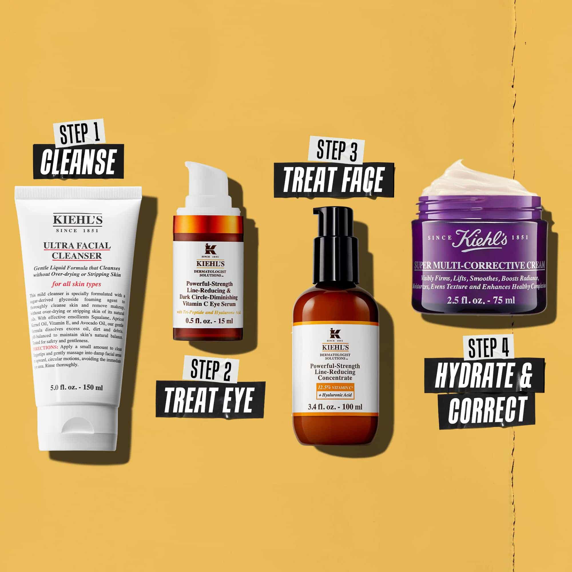 Štirje izdelki Kiehl's, ki predstavljajo rutino nege kože. Od leve proti desni: čistilno sredstvo, krema za okoli oči, Powerful-Strength Line-Reducing Concentrate in vlažilna krema.