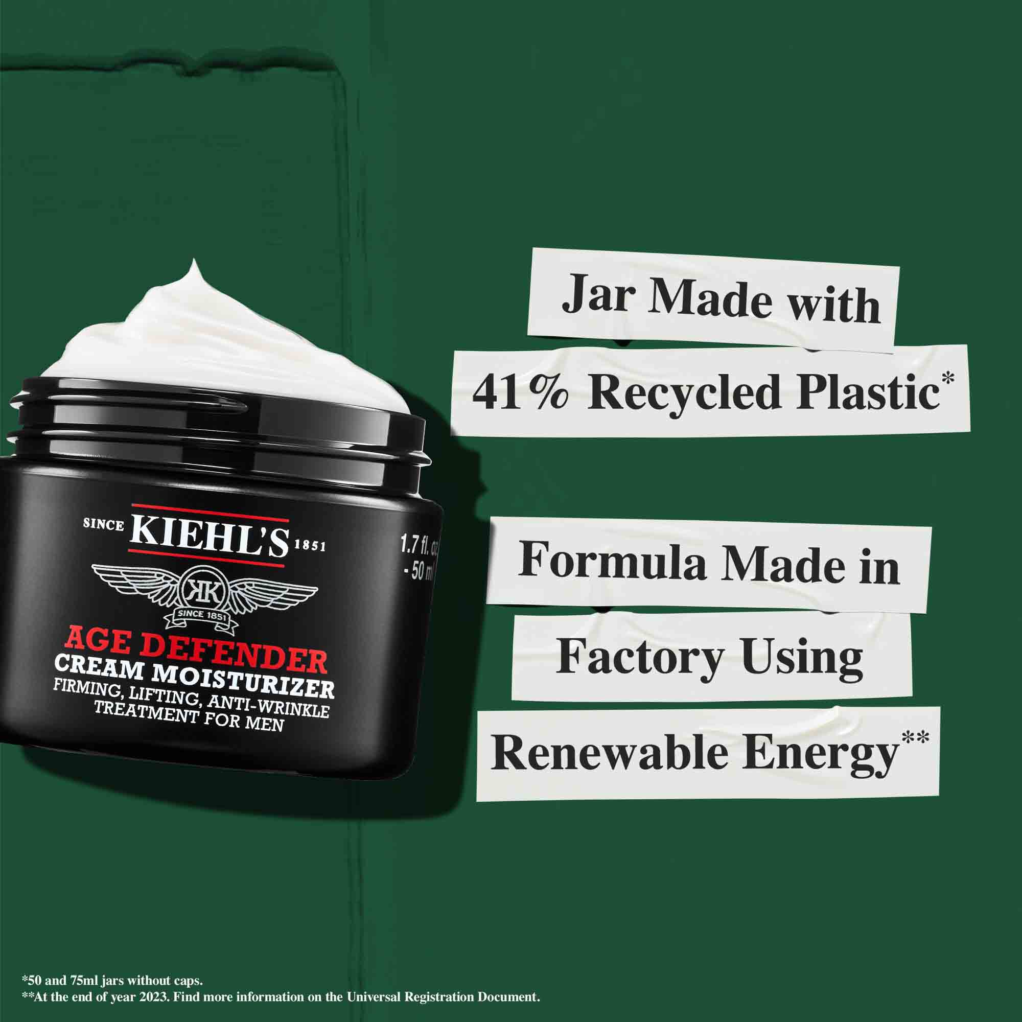 Posodica kreme Age Defender izdelana iz 41 % reciklirane plastike; formula izdelana v tovarni z uporabo obnovljive energije.