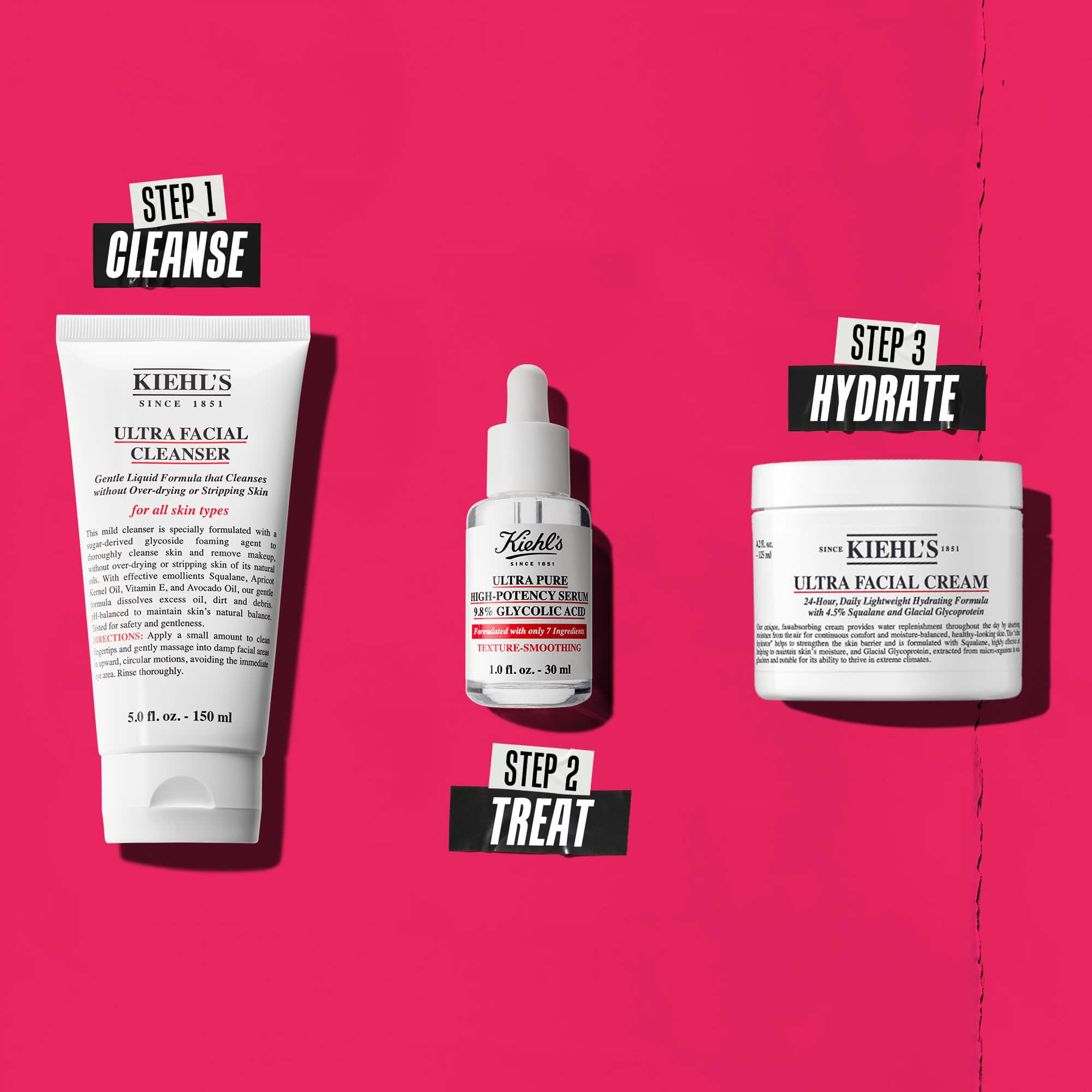Tristopenjska rutina z izdelki Kiehl's. 1. korak: Ultra Facial Cleanser. 2. korak: Serum z glikolno kislino. 3. korak: Ultra Facial Cream.