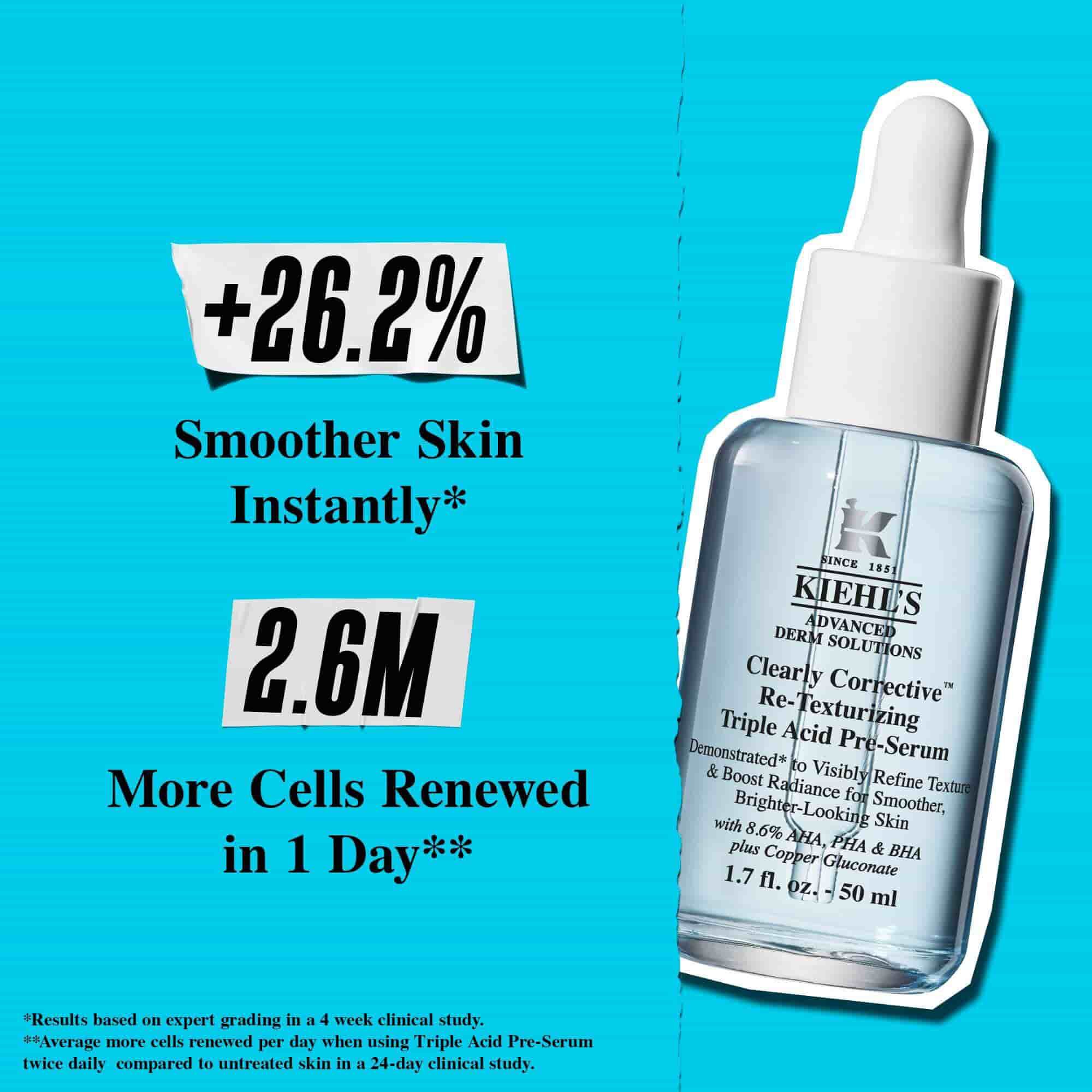 Steklenička Clearly Corrective Triple Acid Peel na modrem ozadju z besedilom: »+41 % bolj gladka tekstura.«