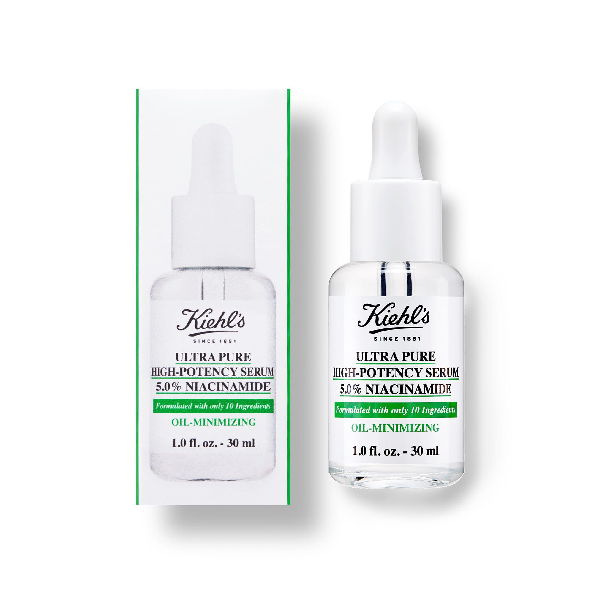 Steklenička in škatlica seruma Kiehl's Ultra Pure High-Potency Serum s 5,0 % niacinamida