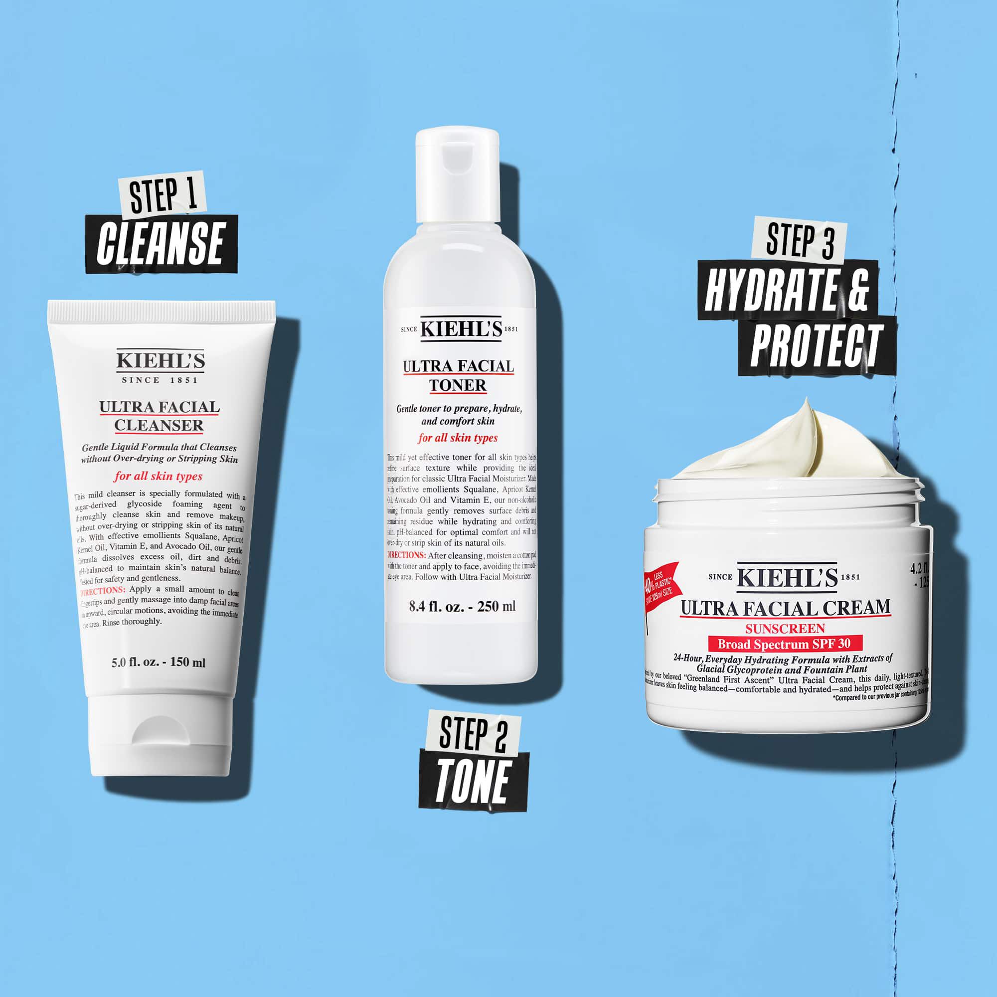 Tristopenjska rutina z izdelki Kiehl's. 1. korak: Ultra Facial Cleanser. 2. korak: Ultra Facial Toner. 3. korak: Ultra Facial Cream SPF 30.
