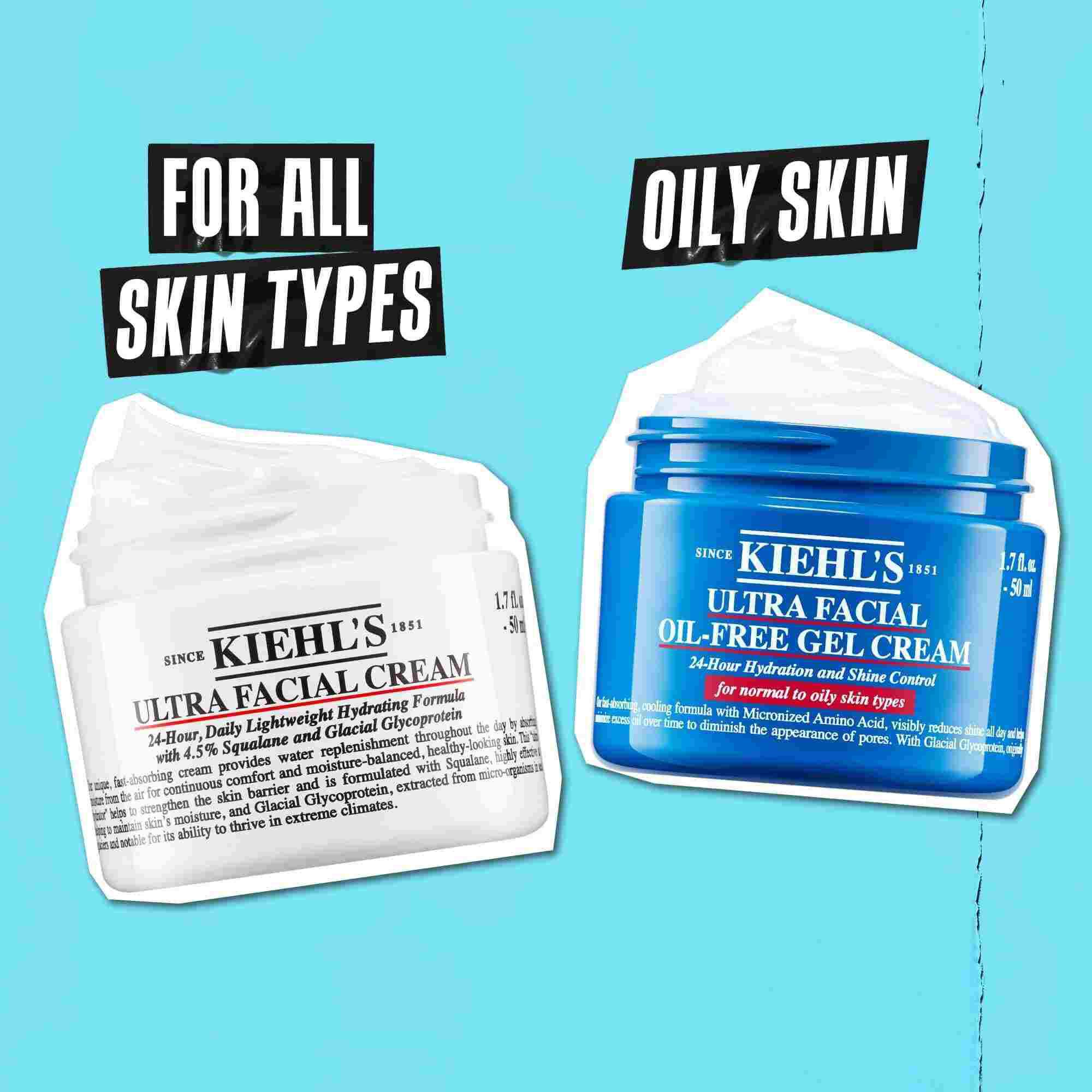 Dva lončka Kiehl's prikazana drug ob drugem na modrem ozadju. Ultra Facial Cream ima oznako »Za vse tipe kože«, Ultra Facial Oil-Free Gel Cream pa »Mastna koža«.