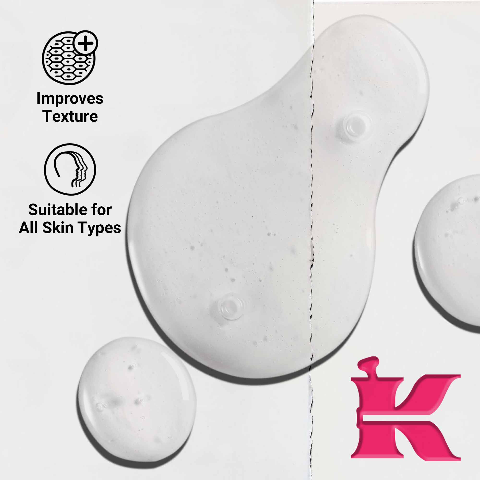 Bližinski posnetek teksture Ultra Pure 9.8% Glycolic Acid Serum, ki prikazuje prozorne kapljice tekočine. Besedilo poudarja sposobnost izboljšanja teksture in primernost za vse tipe kože.