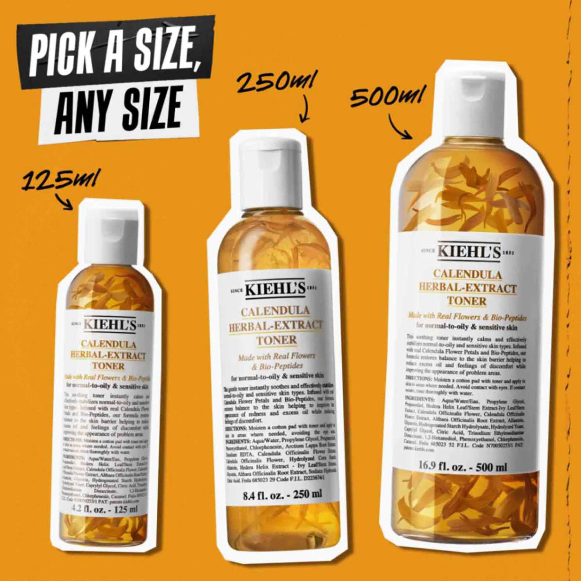 Tri stekleničke tonika Calendula Herbal-Extract v različnih velikostih (125 ml, 250 ml, 500 ml) na oranžnem ozadju z besedilom »Izberite velikost, katero koli velikost.«