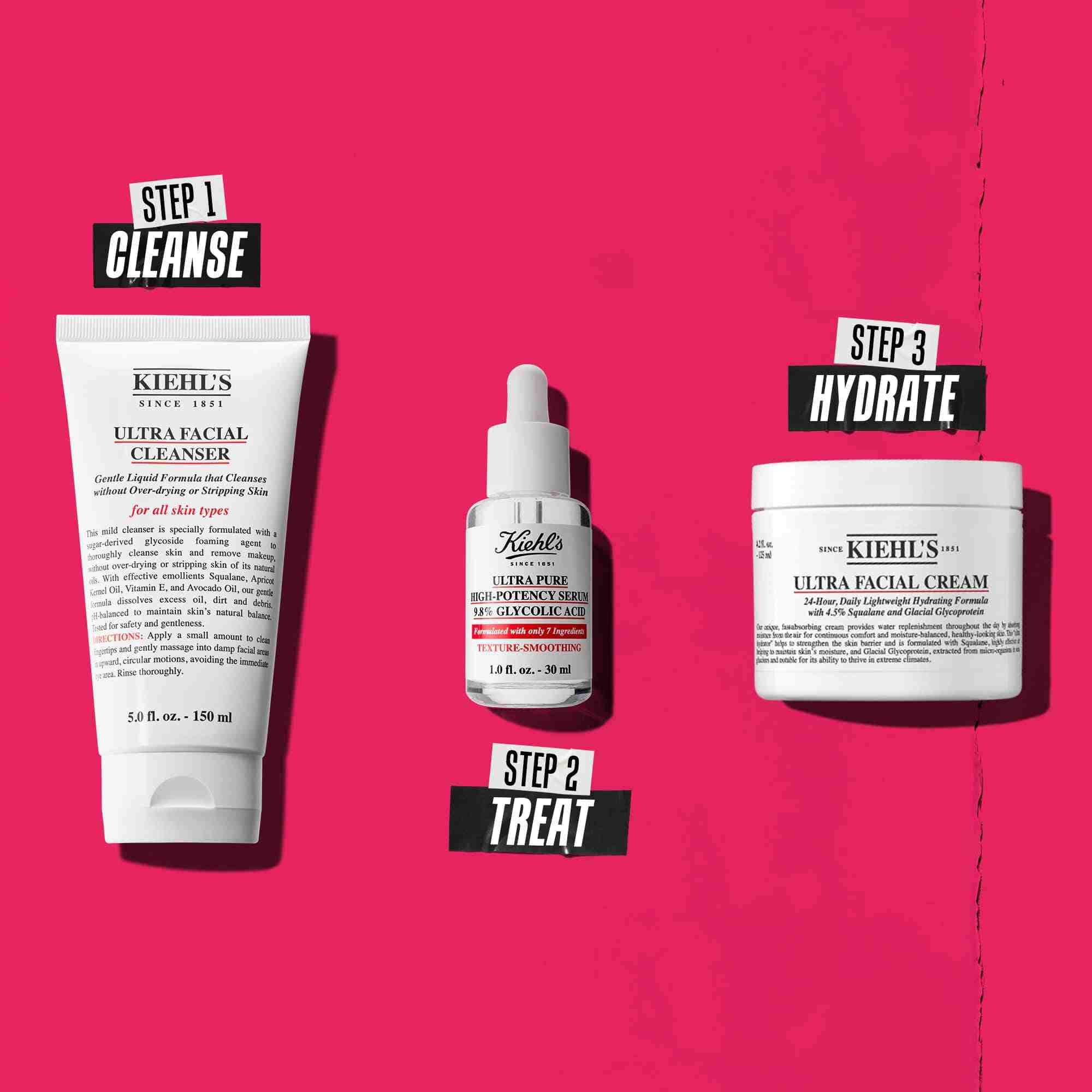 Tristopenjska rutina z izdelki Kiehl's. 1. korak: Ultra Facial Cleanser. 2. korak: Serum z glikolno kislino. 3. korak: Ultra Facial Cream.
