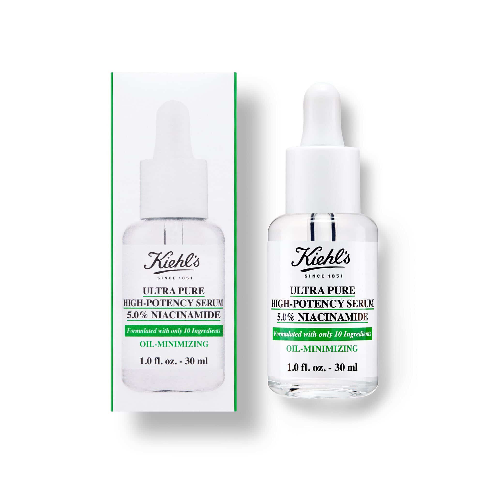 Steklenička in škatlica seruma Kiehl's Ultra Pure High-Potency Serum s 5,0 % niacinamida