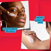 A woman applies Kiehl's moisturizer to her face, emphasizing its ability to strengthen the skin barrier, while another person applies body cream to deeply hydrate skin.