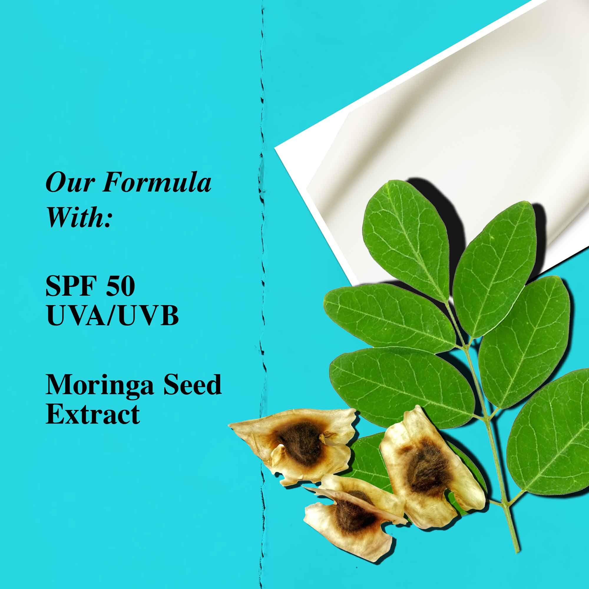 Grafika, ki poudarja ključne sestavine Ultra Light Daily UV Defense Aqua Gel, vključno z ZF 50 in izvlečkom semen moringe.