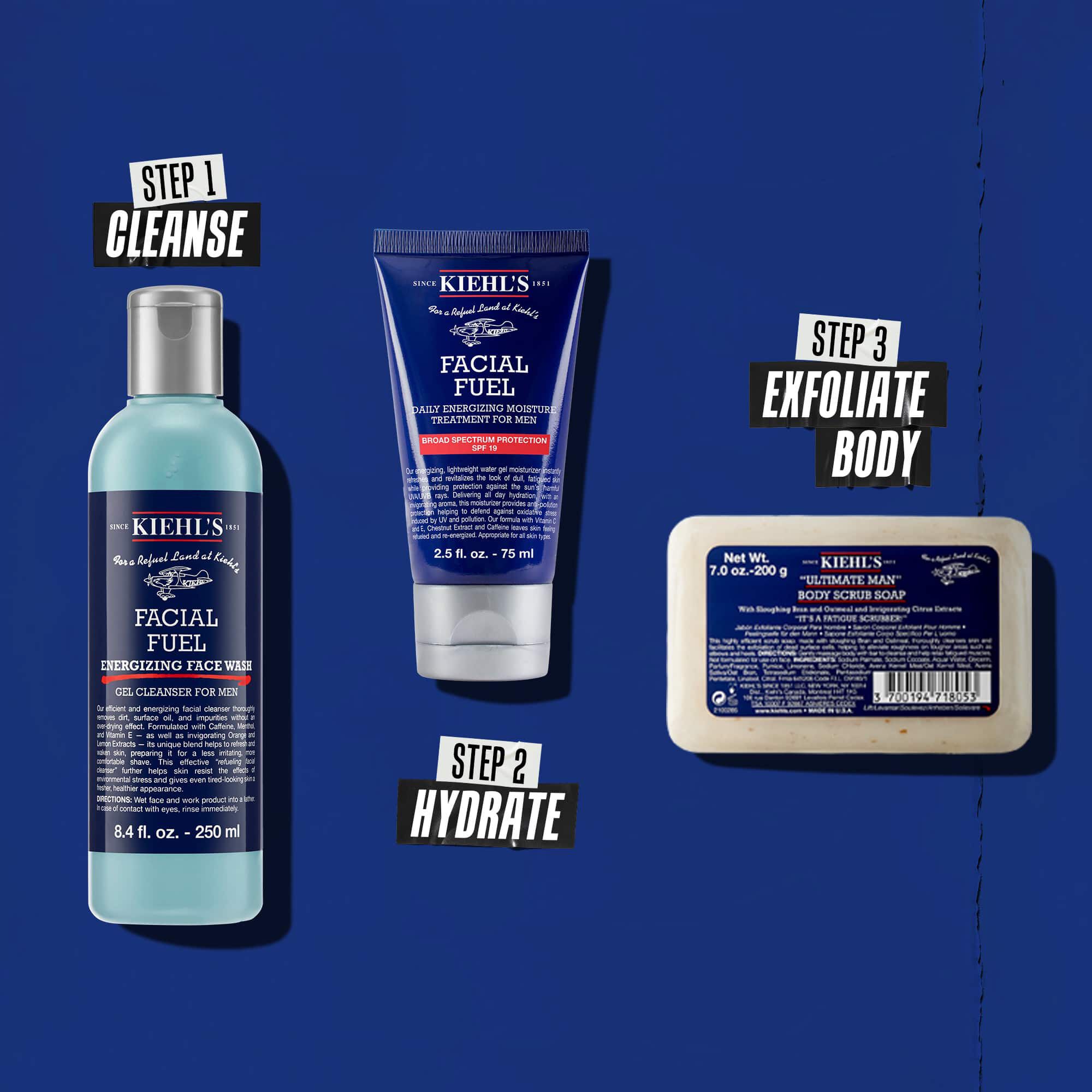 Trije izdelki Kiehl's, ki predstavljajo rutino. Od leve proti desni: Facial Fuel Cleanser, Facial Fuel Moisturizer in Ultimate Man Body Scrub Soap.