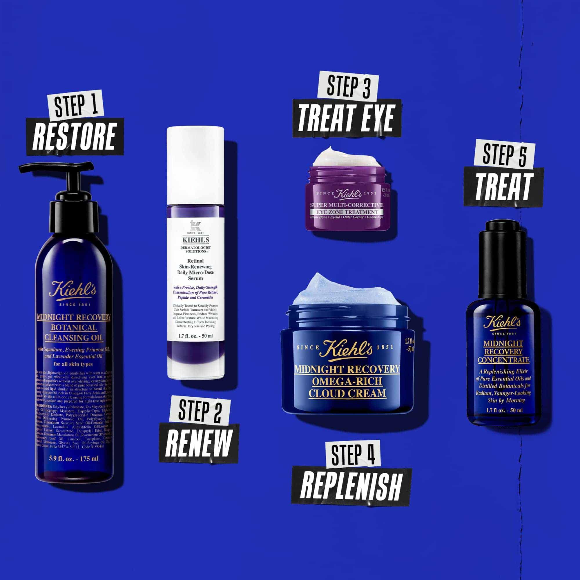 Petstopenjska večerna rutina z izdelki Kiehl's. Od leve proti desni: čistilno sredstvo, serum z retinolom, krema za okoli oči, vlažilna krema in Midnight Recovery Concentrate.