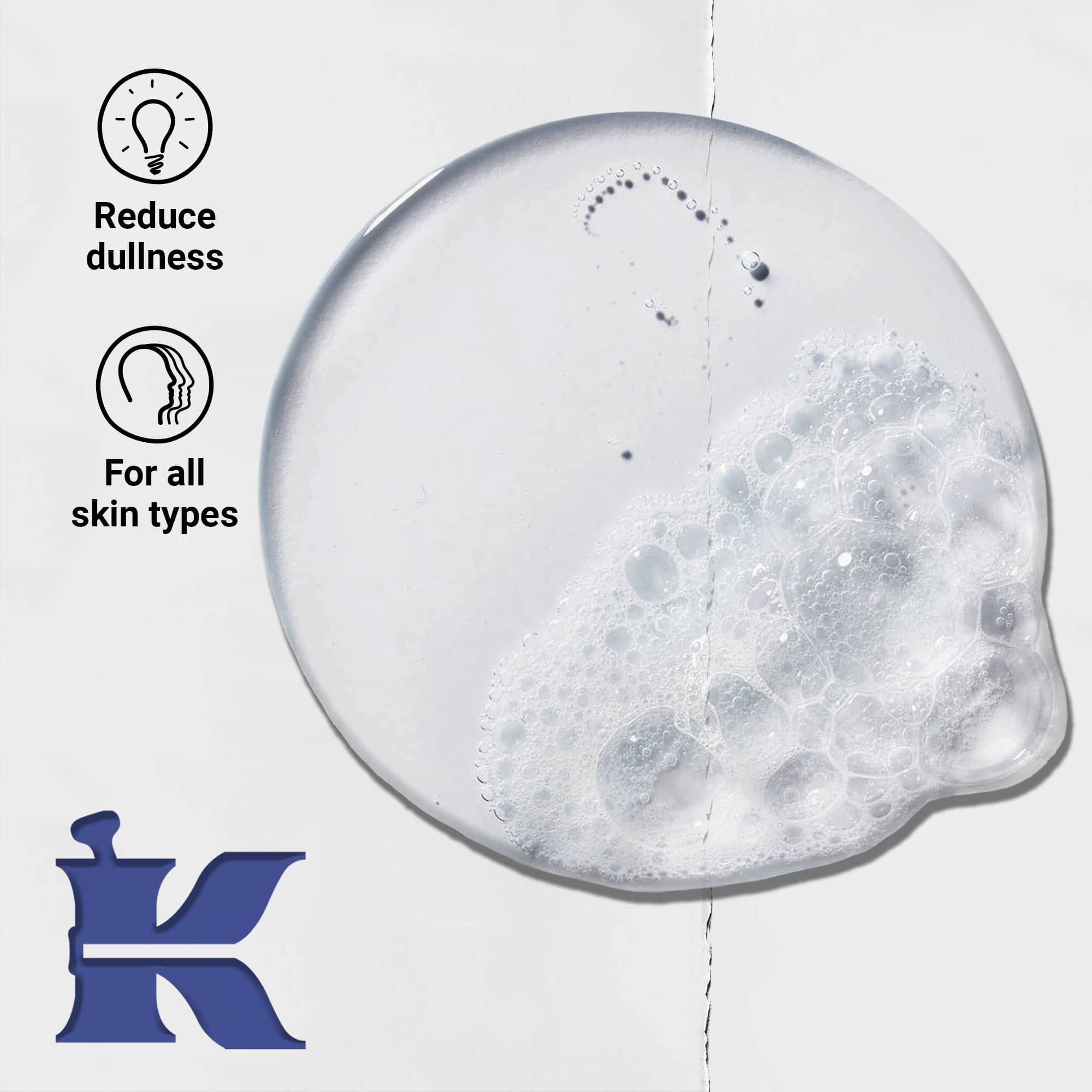 Fotografija teksture Facial Fuel z ikonami, ki označujejo, da zmanjšuje pust videz kože in je primerna za vse tipe kože