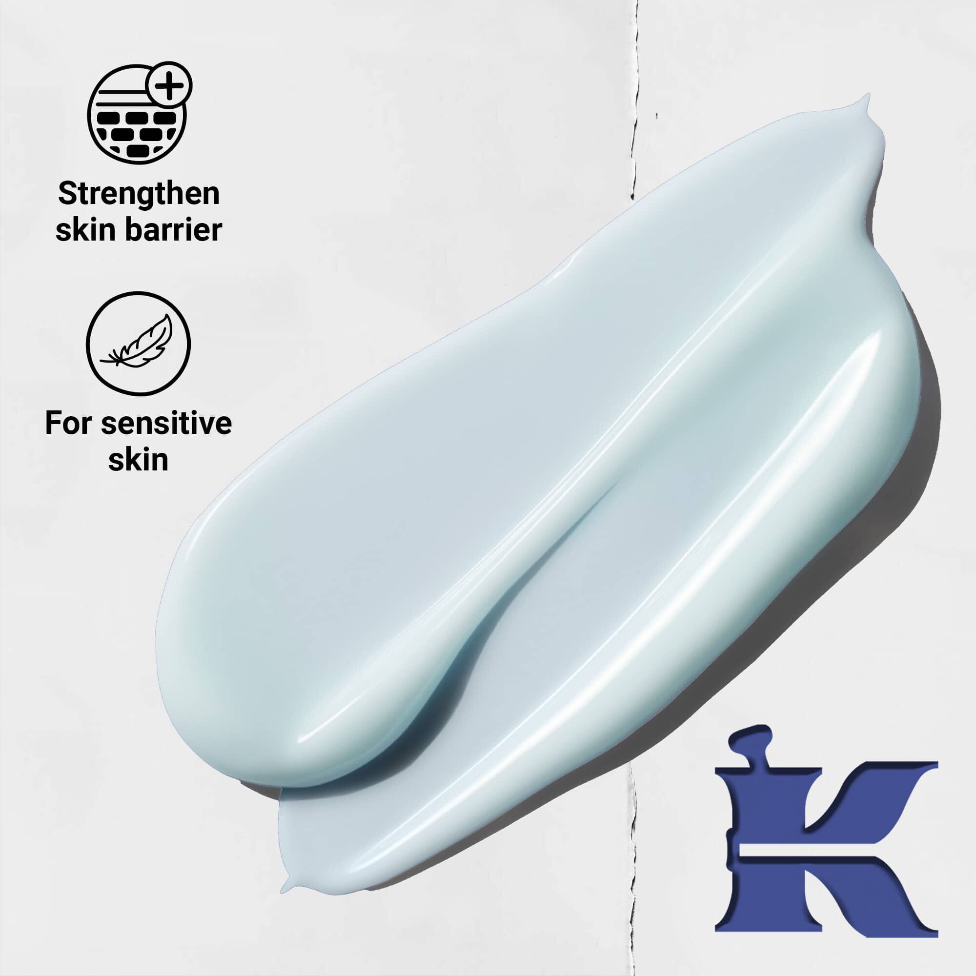 Fotografija teksture Facial Fuel z ikonami, ki označujejo, da krepi kožno bariero in je primerna za občutljivo kožo