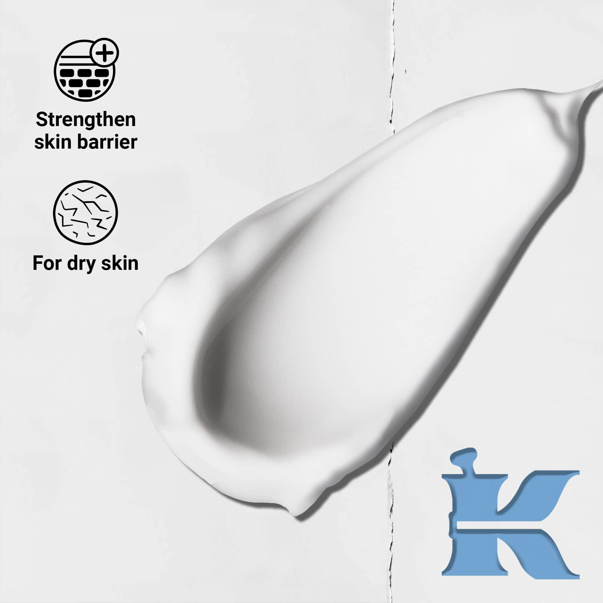 Fotografija teksture z ikonami, ki označujejo, da krepi kožno bariero in je primerna za suho kožo