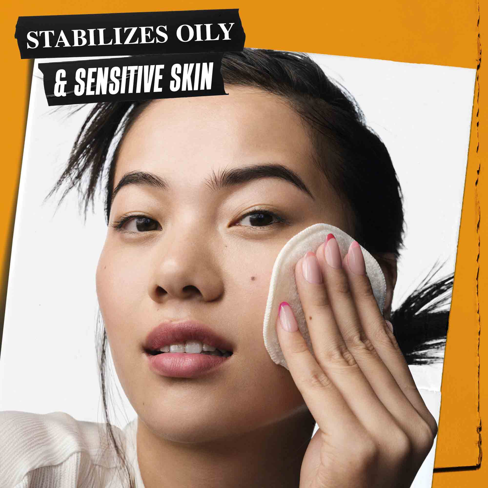 Oseba nanaša tonik Calendula Herbal-Extract na kožo. Besedilo poudarja njegovo sposobnost stabilizacije mastne in občutljive kože.