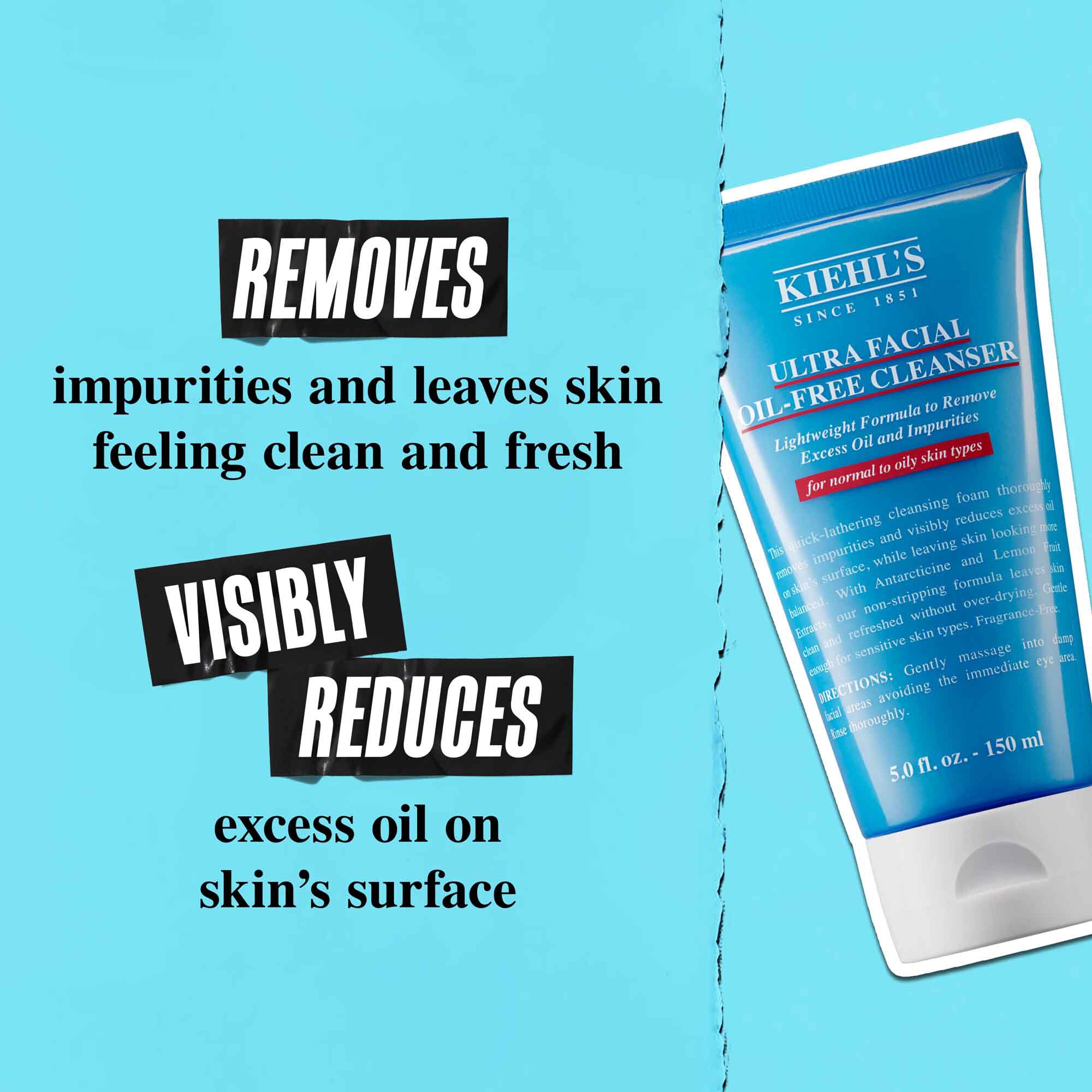 Tuba Ultra Facial Oil-Free Cleanser na modrem ozadju z besedilom: »Odstrani olje in pusti kožo z vidno zmanjšanim odvečnim oljem na površini.«
