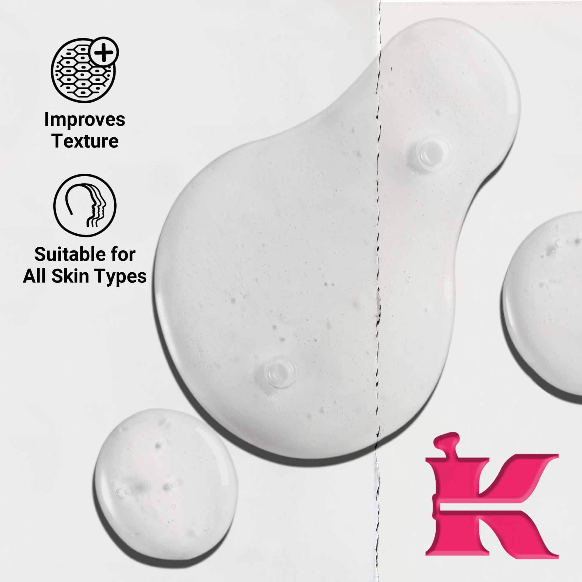Bližinski posnetek teksture Ultra Pure 9.8% Glycolic Acid Serum, ki prikazuje prozorne kapljice tekočine. Besedilo poudarja sposobnost izboljšanja teksture in primernost za vse tipe kože.