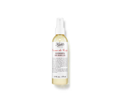 Steklenička suhega telesnega olja Kiehl's z belim etiketnim besedilom in razpršilnikom, 175 ml.
