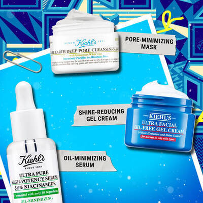 Three Kiehl's skincare products are displayed on a colorful background: a deep pore cleansing mask, a shine-reducing gel cream, and an ultra pure high-potency serum. Each product is labeled with its benefits: pore-minimizing, shine-reducing, and oil-minimizing.