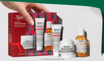 Kiehl's praznični darilni set, ki vsebuje Ultra Facial Cream, Ultra Facial Barrier-Hydrating Cleanser in Calendula Herbal-Extract Toner, prikazan s cenovno oznako.