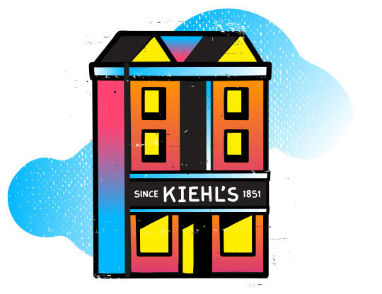 Ilustracija večkulturne stavbe v živih barvah, označena s 'KIEHL'S 1851'.