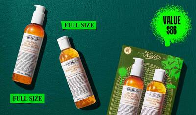 A graphic, set against a dark green textured background, features two full-size bottles: "Kiehl's Calendula Deep Cleansing Foaming Face Wash" and "Kiehl's Calendula Herbal-Extract Toner," both with clear packaging and amber-colored liquid. Each bottle is labeled "FULL SIZE" in bright green. On the right, a green and gold Kiehl’s gift box displays the same two products. In the upper right corner, a bright green paint splatter contains the text.
