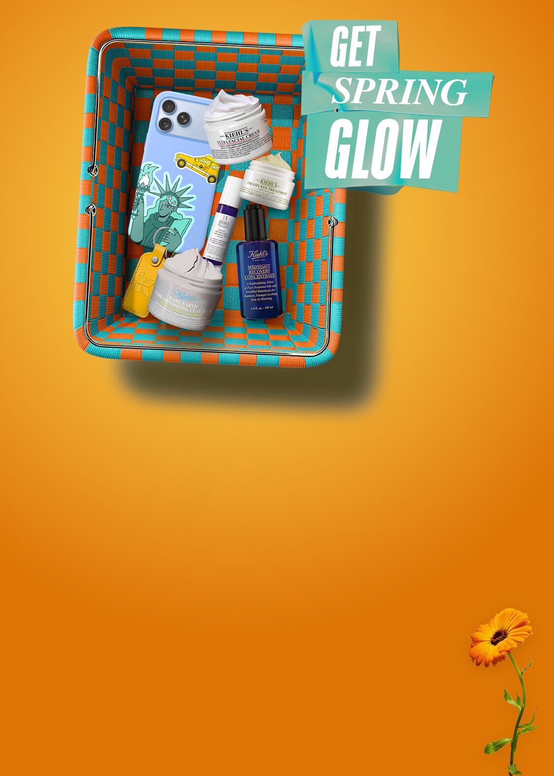 Vizual s cvetom in košaro z izdelki na oranžnem ozadju.