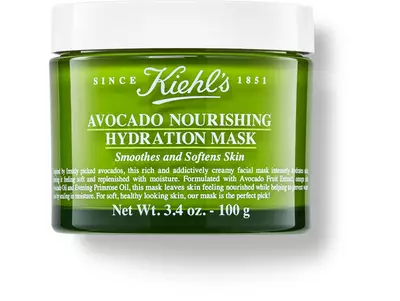 Zeleni kozarec maske za hidracijo Kiehl's z avokadom, namenjen za gladko in mehko kožo. Teža 100 g.