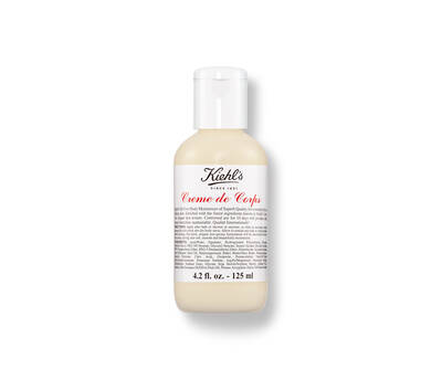 Majhna plastenka Kiehl's Creme de Corps, vlažilna krema za telo, 125 ml, s preprosto belo etiketo.
