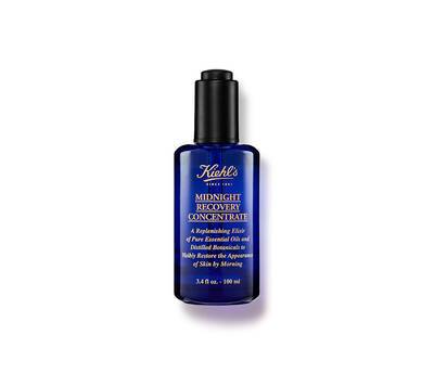 Modra steklenička Kiehl's Midnight Recovery Concentrate, eliksir za obnovo kože z esencialnimi olji in rastlinskimi izvlečki.