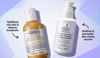 Two Kiehl's skincare products are displayed: a brown bottle labeled "Calendula Skin-Soothing and Stabilizing Emulsion" which stabilizes oily skin and reduces breakouts, and a white bottle labeled "Clearly Corrective Clearly-Activating Soothing Emulsion" that soothes and promotes skin clarity recovery. The background features a gradient of