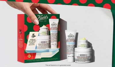 Kiehl's praznični darilni set, ki vsebuje Ultra Facial Cream, Ultra Body Mega Moisture Squalane Cream in Creamy Eye Treatment with Avocado, prikazan s cenovno oznako.
