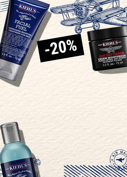 Vizual z belim ozadjem, skico letala in izdelki Kiehl's.