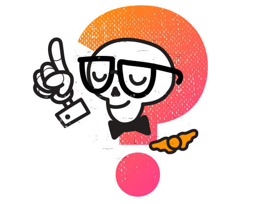 Smeška s kostnico in očali, ki kaže na vprašaj, simbolizira radovednost in zabavo v učenju.