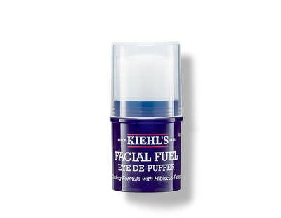 Modra embalaža Kiehl's Facial Fuel Eye De-Puffer kreme za oči, namenjena zmanjšanju zabuhlosti.