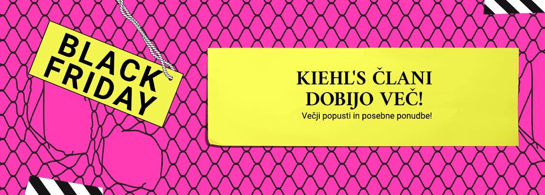 Besedilo za Black Friday promocijo z obvestilom, da člani Kiehl's prejmejo več popustov in posebnih ponudb, na živahno roza ozadju.