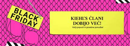 Besedilo za Black Friday promocijo z obvestilom, da člani Kiehl's prejmejo več popustov in posebnih ponudb, na živahno roza ozadju.