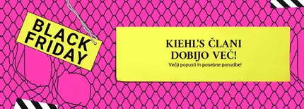 Besedilo za Black Friday promocijo z obvestilom, da člani Kiehl's prejmejo več popustov in posebnih ponudb, na živahno roza ozadju.