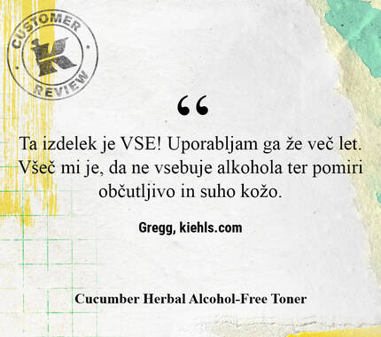 A customer review praising Kiehl's Cucumber Herbal Alcohol-Free Toner, highlighting its effectiveness and suitability for sensitive and dry skin.