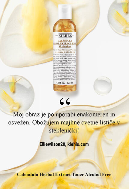 A bottle of Kiehl's Calendula Herbal-Extract Toner surrounded by calendula petals, accompanied by a customer testimonial about the product's refreshing qualities.