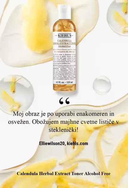 A bottle of Kiehl's Calendula Herbal-Extract Toner surrounded by calendula petals, accompanied by a customer testimonial about the product's refreshing qualities.