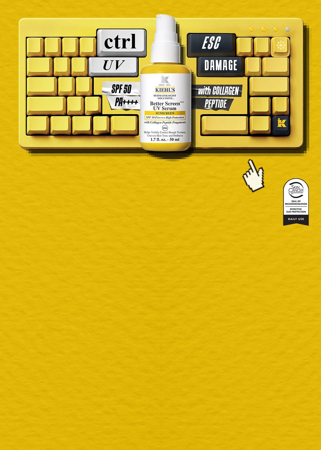 Vizual z rumeno podlago, računalniško tipkovnico in izdelkom za zaščito pred soncem.