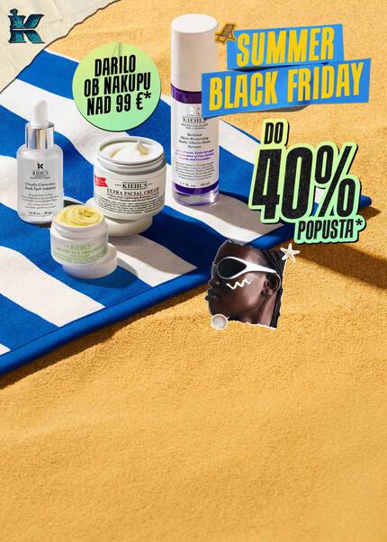 Kiehl's Summer Black Friday – do 40% popusta na izdelke, vključno z Ultra Facial Cream, Clearly Corrective Dark Spot Solution, Retinol Skin-Renewing Daily Micro-Dose Serum in Creamy Eye Treatment, z darilom ob nakupu nad 99€