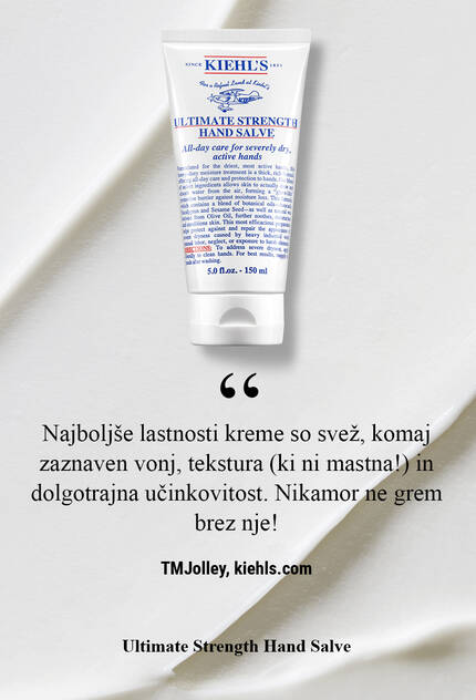Туба с крем за ръце "Ultimate Strength Hand Salve" на Kiehl's, поставена на бяла вълнообразна повърхност. Текстът обяснява характеристиките на продукта.