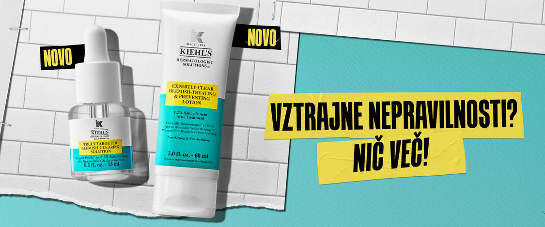Besedilo na sliki oglašuje nove produkte za nego kože, vključno z losjonom in tretmajem za izboljšanje videza kože ter obravnavo nepravilnosti.