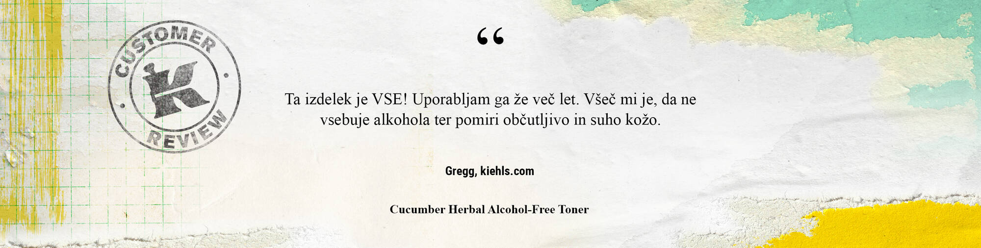 A customer review praising Kiehl's Cucumber Herbal Alcohol-Free Toner, highlighting its effectiveness and suitability for sensitive and dry skin.